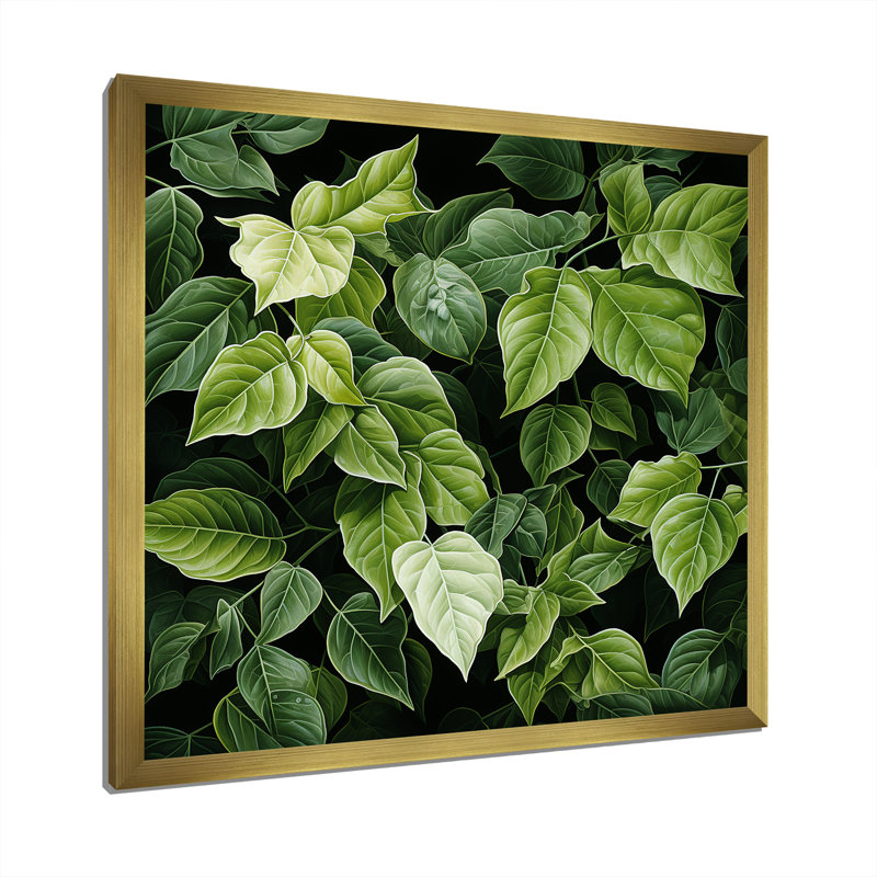 Toile ivoire ivoire à feuilles vertes, Cadre doré simple, H 16 po x l 16 po x P 1 po