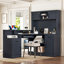 Bureau d'ordinateur en L bleu avec prises, tiroirs et bibliothèque - configuration de coin idéale-407241599