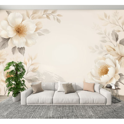 Papier peint à peler et à coller Élégantes fleurs de pivoines murales beiges blanches douces, botaniques, H 69 po x l 96 po, papier mural amovible en PVC, adhésif pour décoration de chambre à coucher, bureau à domicile