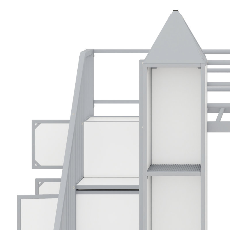 Lit superposé en métal en forme de château avec garde-robe, rangement multiple, escalier et garde-corps double, Gris