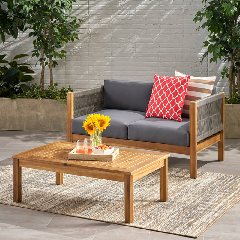 Patio Loveseat And Coffee Table Set, Patio Furniture Set With Cushion, Acacia Wood Frame Conversation Set For Garden, Backyard, Porch And Poode, Minimalistic Style