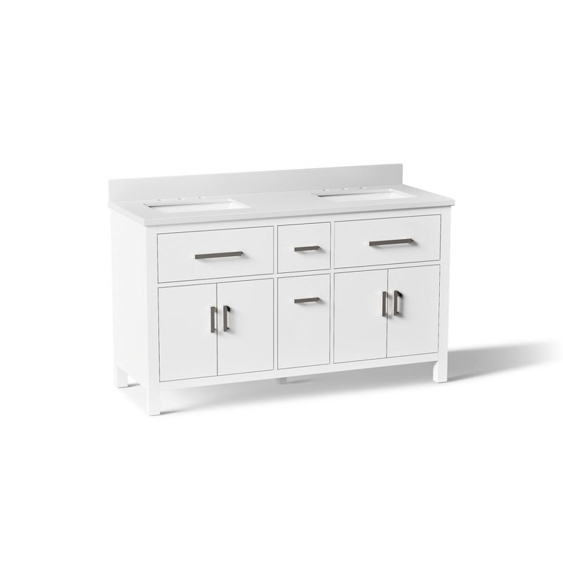 Kresla 60 In. Bathroom Vanity Cabinet With Sinks And Quartz Top, White, 60", Brushed Nickel