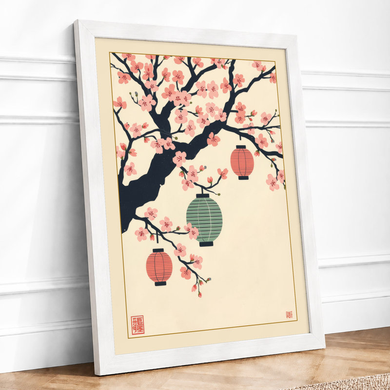 Spring Lanterns on Branch Japandi - Framed Print, A2 - 59.4 x 42.0 cm, White