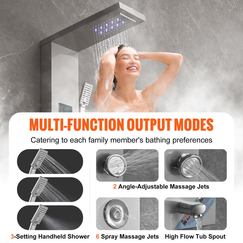 52.9'' Stainless Steel Wall-Mounted Shower Panel with LED Display