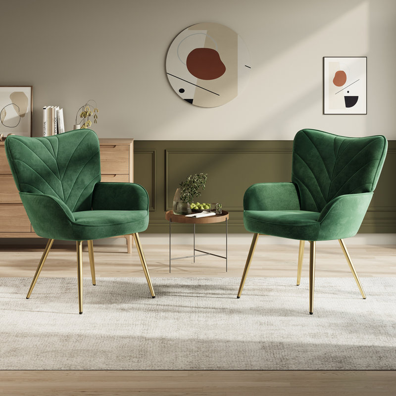 Plush Velvet Upholstered Armchair with Metal Legs, Green