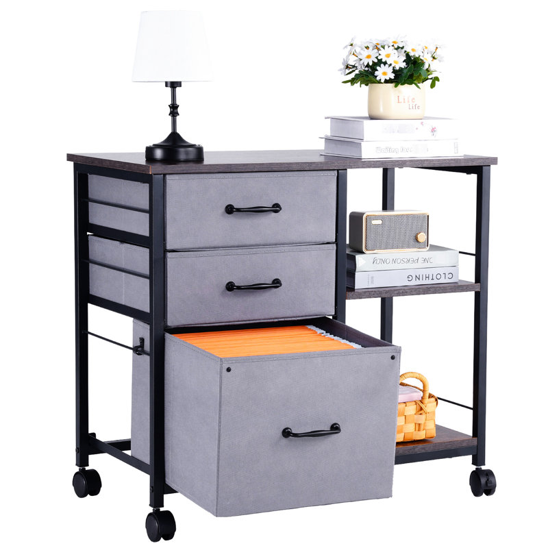 Classeur mobile multifonctionnel avec 3 tiroirs en tissu et 2 tablettes ouvertes - Gardez les livres verrouillables pour plus de stabilité avec des magazines spacieux