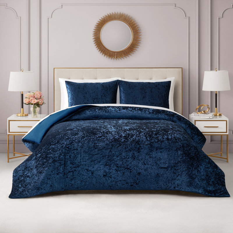 Juicy Couture Crushed Velvet Reversible Comforter & Shams Bedding Sets, King Comforter + 2 King Shams, Heritage Blue