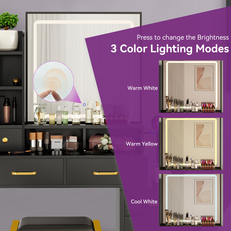 LED Light Bulb Vanity with Stool, Black