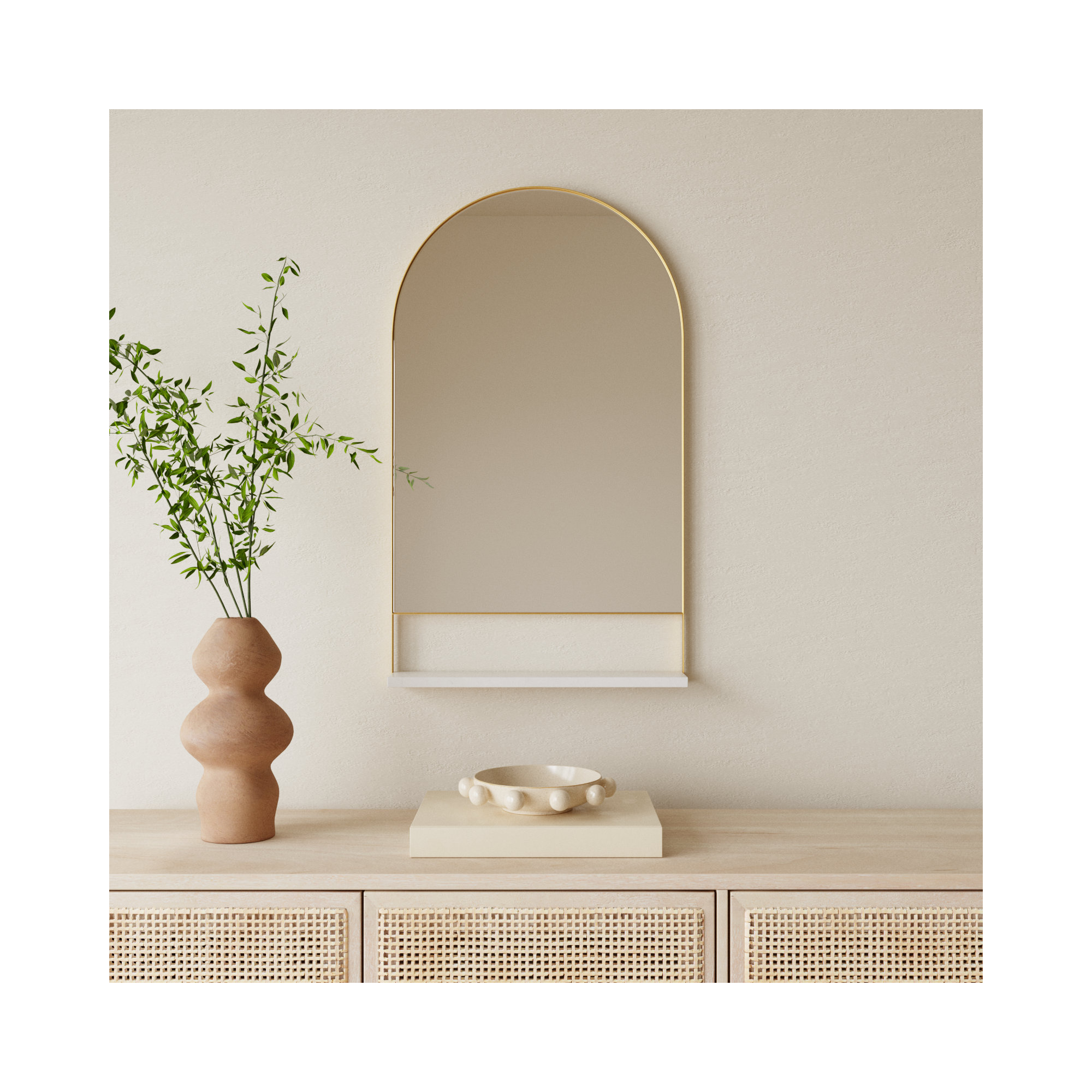 Cielo Arch Mirror with Shelves, 34" x 20", Gold/White