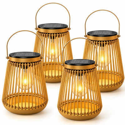 Lanterne solaire en rotin d'extérieur imperméable à l'eau, lumière blanche chaude de bougie 2700K avec capteur automatique du crépuscule à l'aube pour terrasse de jardin