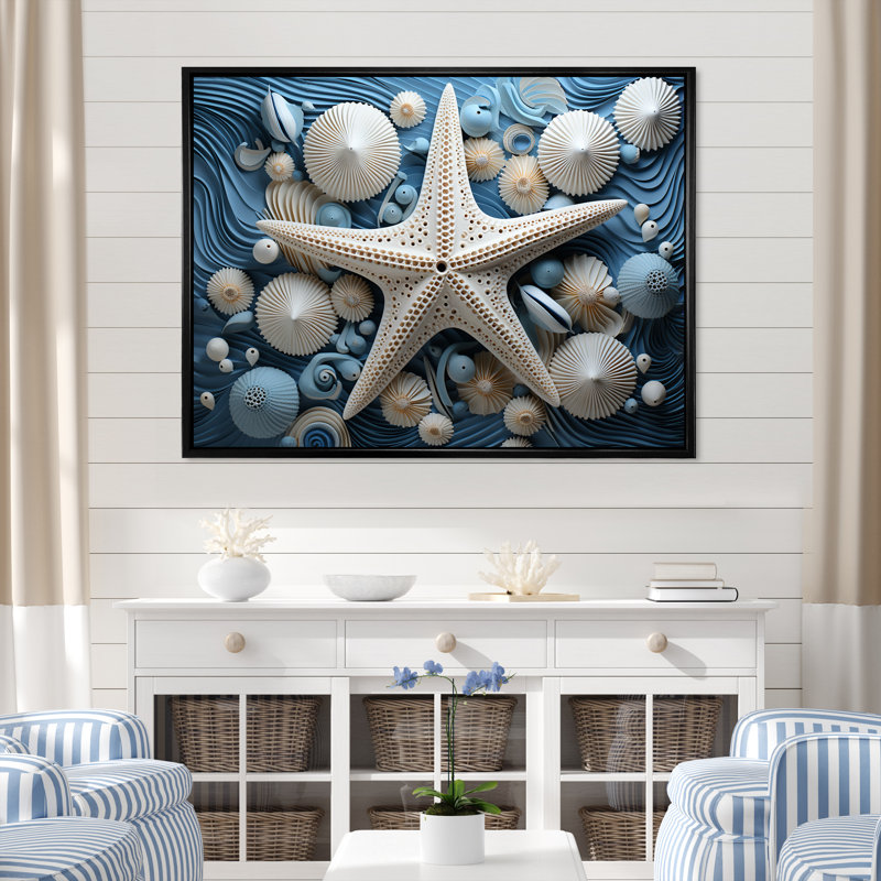 Minimalisme, étoile de mer bleue et blanche - étoile de mer, art mural sur toile, Cadre flottant noir