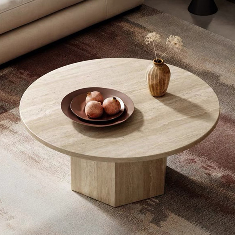 Round Coffee Table For Living Room - Modern Minimalist Luxury Style With Stone-like Texture & Hexagonal Base, 35.43” Diameter 14.17” Height