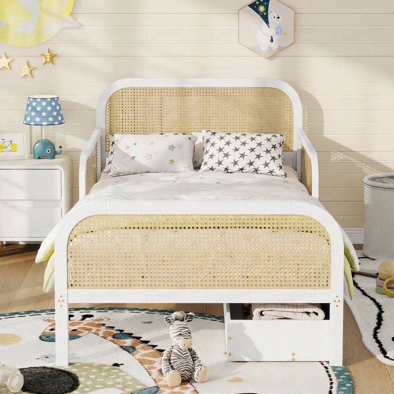 Structure de lit plateforme simple avec 2 tiroirs de rangement, lit en rotin pour enfants avec tête et pied de lit