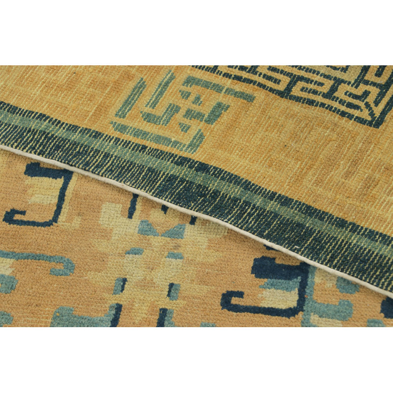 Mid-19Th-Century Antique Ningxia Rug, Gold With Geometric Patterns - Rug & Kilim