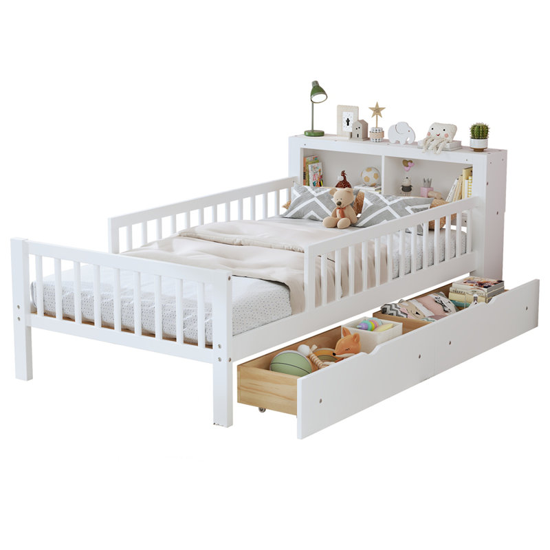 Lit simple avec support de tête de lit, deux tiroirs sous le lit, trois barrières de sécurité pour plus de sécurité, Blanc