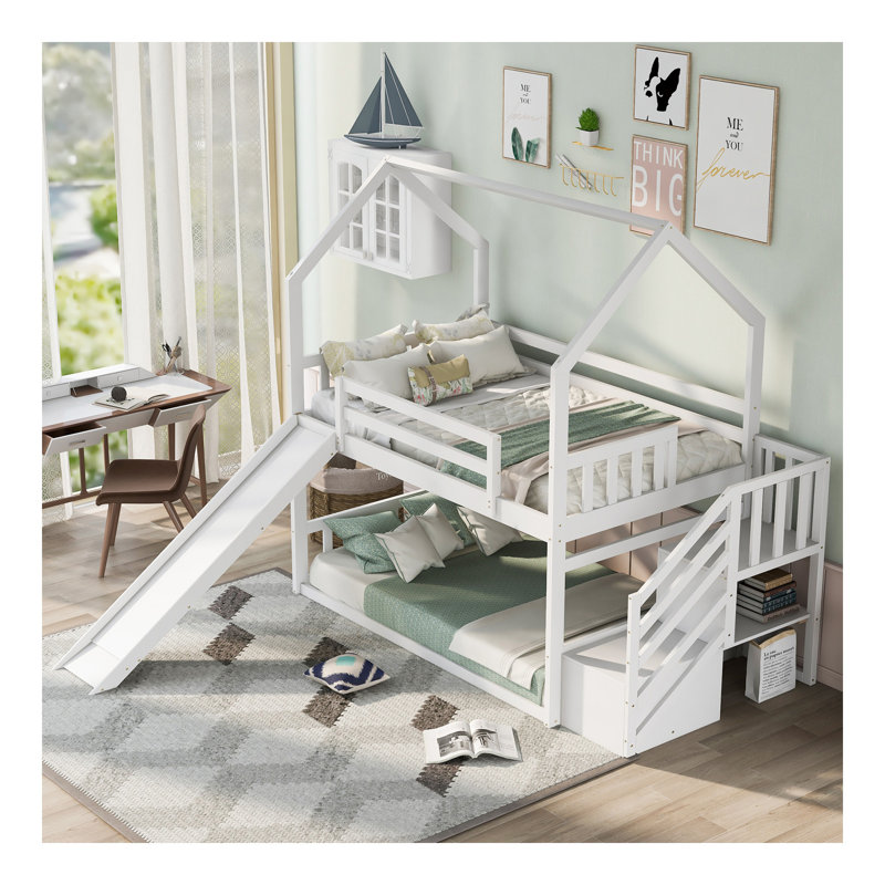Lit superposé simple au-dessus de simple avec glissière convertible, escalier de rangement, blanc