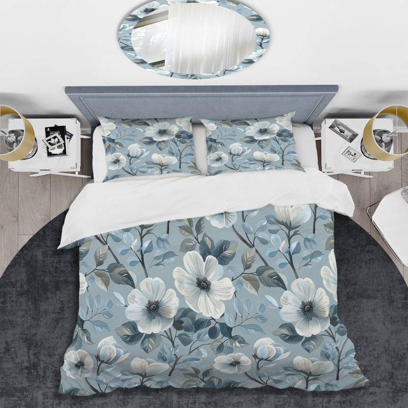 Ensemble de housse de couette transitionnel Blue Silver Floral Gardens IV, Housse de couette simple et deux taies décorative