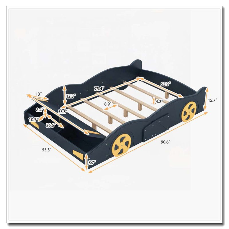 Lit plateforme avec roulettes et rangement Race, Lit double, Bleu foncé / Jaune