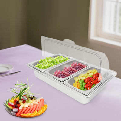 Countertop Food Serving Display Container With Clear Roll Top Cover, 3-Compartment Stainless Steel Food Serving Container, Buffet Food Display Container