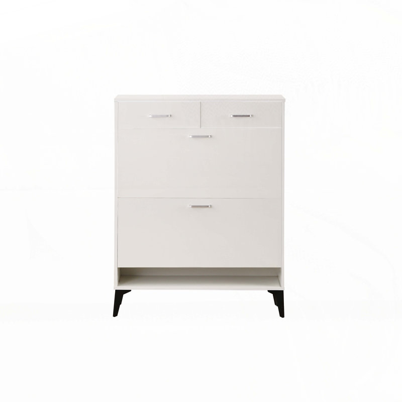 Free Standing Tipping Bucket Shoe Rack Organizer with 2 Flip Drawers, White