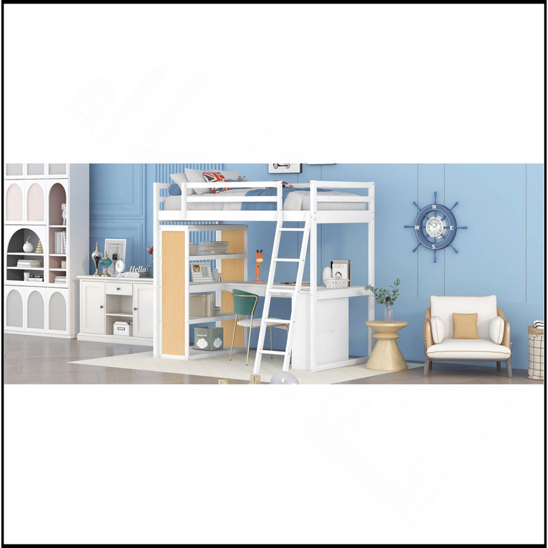 Lit mezzanine avec échelle, tablettes et bureau, blanc