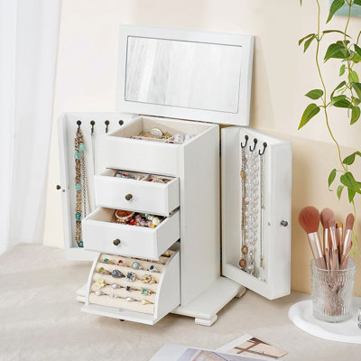 Wooden Jewelry Boxes, Jewelry Organizer Box Display For Rings Earrings Necklaces Bracelets, White