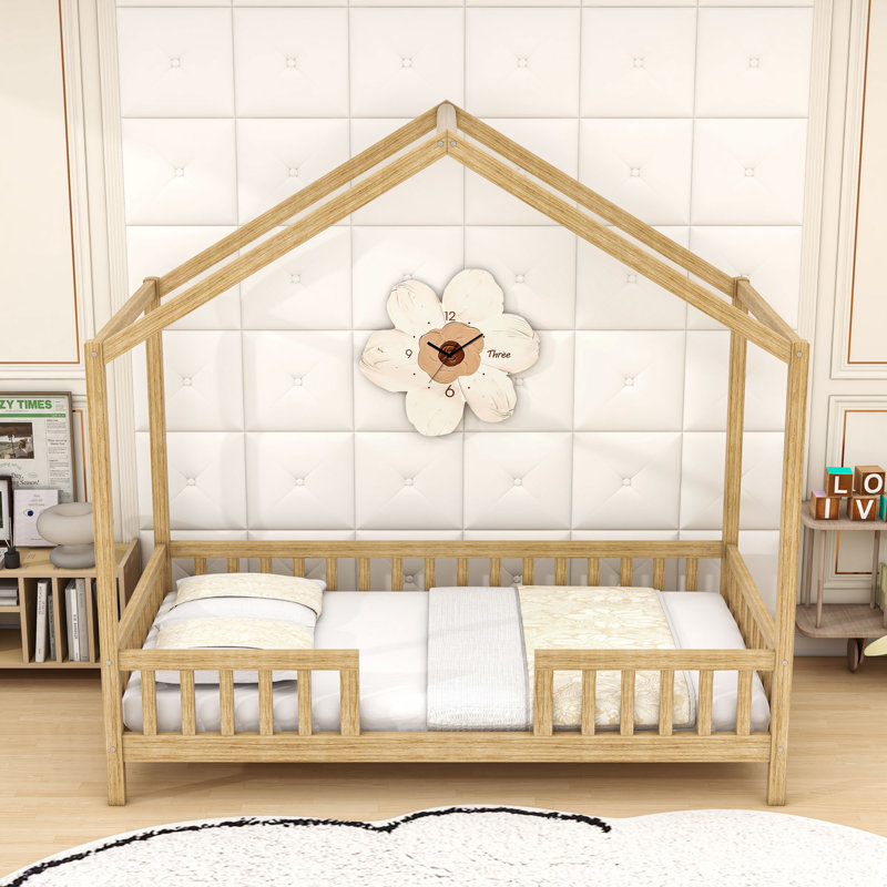 House Bed With Slats And Safety Railings, Natural, Twin