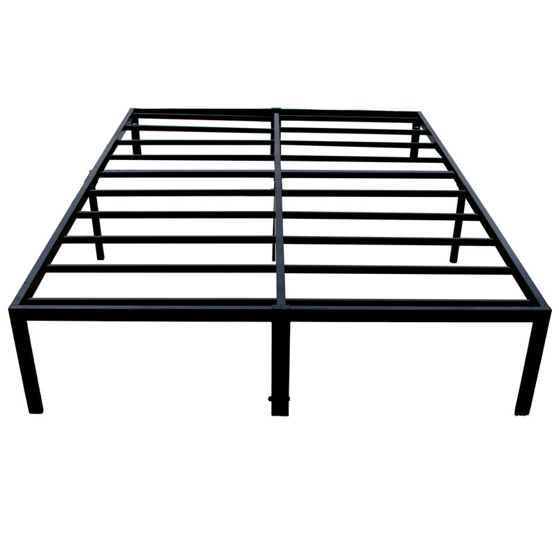 Lit plateforme simple noir en acier avec design, sous-rangement, peut supporter 2000 livres, fondation sans sommier requis, construction robuste, bords propres, option de rangement,