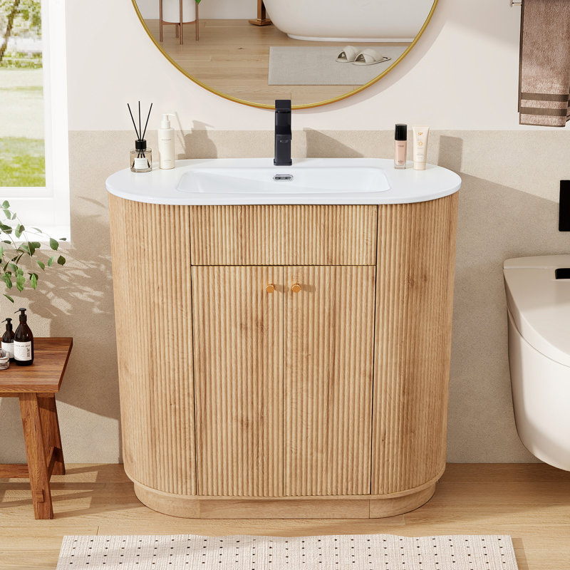 Ensemble de meuble-lavabo simple 35,83 "avec comptoir, robinet et armoire cannelée, Natural