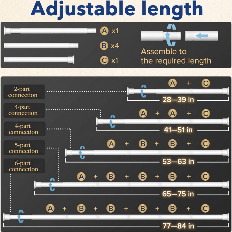 Une tringle à rideaux blanche de 2,5 cm de diamètre, à ressort, réglable de 122 à 213 cm ; elle s'installe facilement sans perçage, utilise des embouts antidérapants, est antirouille et adaptée aux locataires, et convient aux fenêtres, aux rideaux de douche, aux portes et aux placards.