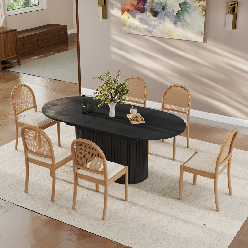 Ensemble de table de salle à manger extensible Mid-Century, Black, 7 Pieces: Table, 6 Chairs, Beige/Wood