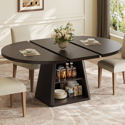 Table de salle à manger extensible de 43 à 59 po pour 4 à 6 personnes, table de salle à manger ronde / ovale avec espace de rangement Transformer, table de cuisine en bois peu encombrante avec plateau épais et base piédestal