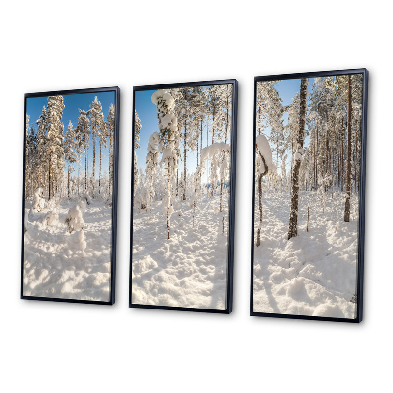 Hiver neige recouverte de bois - ensemble de 3 reproductions sur toile, H 28 po x l 36 po x P 1 po, Cadre noir