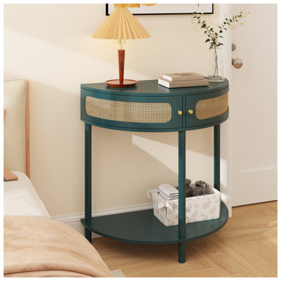 Console demi-lune antique avec porte coulissante en rotin vert, American Design