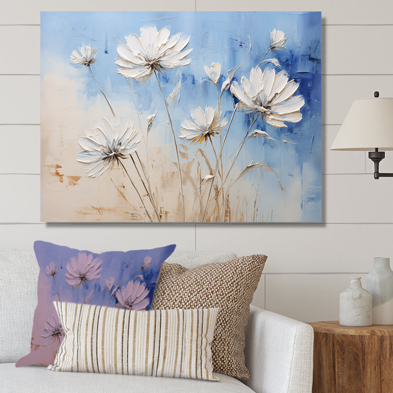 «Minimal Beige and Blue Cornflowers Expression I», impressions d'art mural, Toile tendue, H 16 po x l 32 po x P 1 po