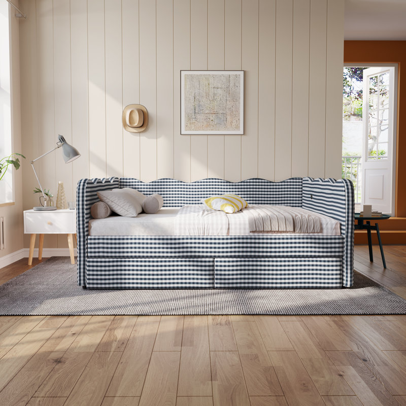 Lit de jour Gingham avec 2 tiroirs de rangement et port USB, forme ondulée, Grand lit, Marine