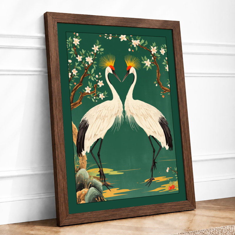 Cranes in Bloom Japandi - Framed Print, A2 - 59.4 x 42.0 cm, Walnut