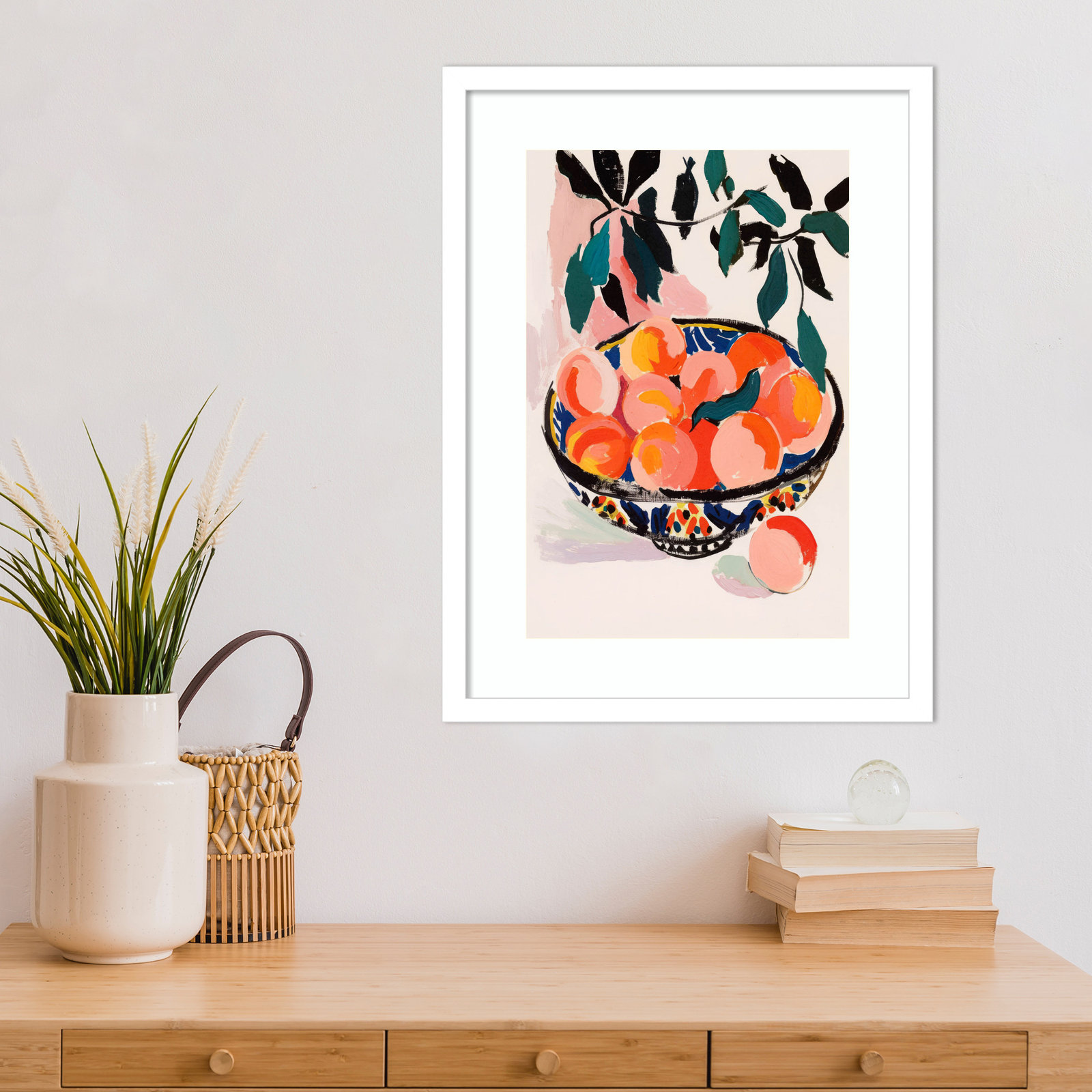 Ottilie "Fresh Peach Fruit Bowl" Print, White Framed, 21" H x 16" W