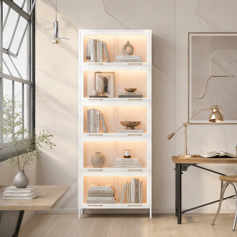 Bibliothèque à 5 niveaux avec éclairage DEL et portes vitrées, Blanc