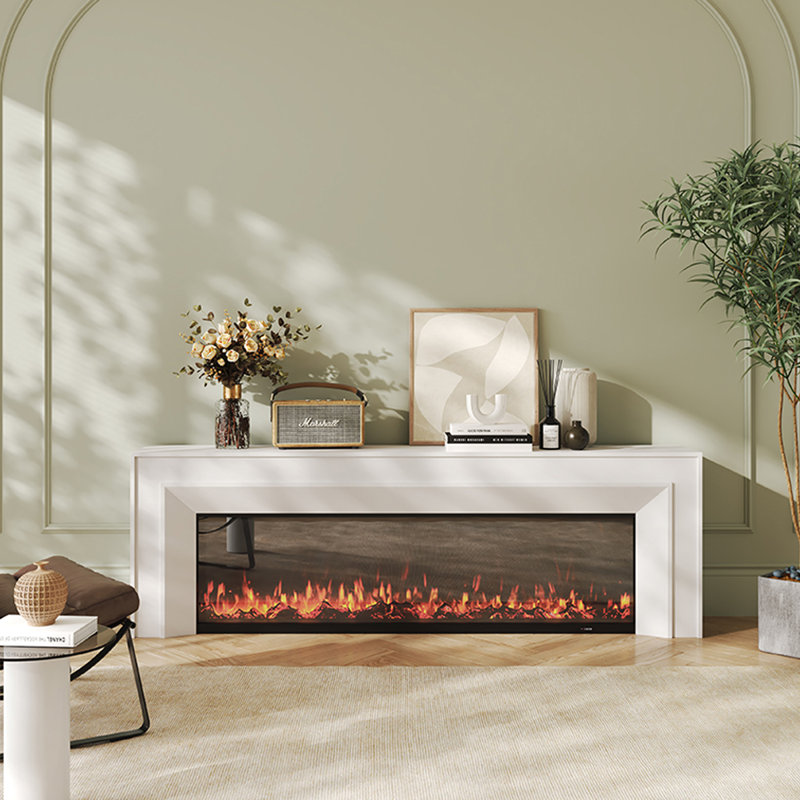 White Solid Wood TV Cabinet Fireplace, 23.62" H x 78.74" W x 12.6" D, White