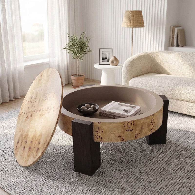 Table basse ronde organique moderne FFZ 33 po en loupe de bois avec rangement dissimulé et pieds massifs, Wood