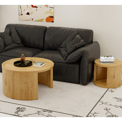 Round Nesting Coffee Table Set Of 2 Modern Low Tables, 31.5" Big 18" Small Stacking Side Table With Wood Top, Minimalist Center Table For Living Room