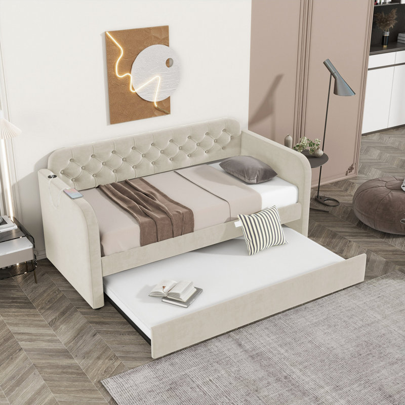 Upholstered Velvet Daybed with Trundle Bed, Beige