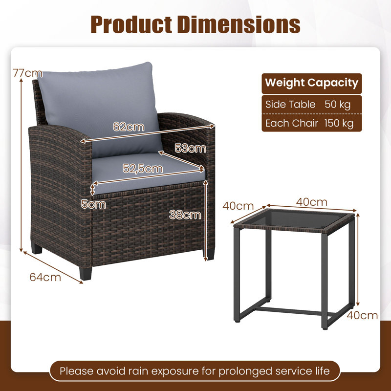 3 Pieces Patio Furniture Set PE Rattan Wicker Bistro Conversation Set