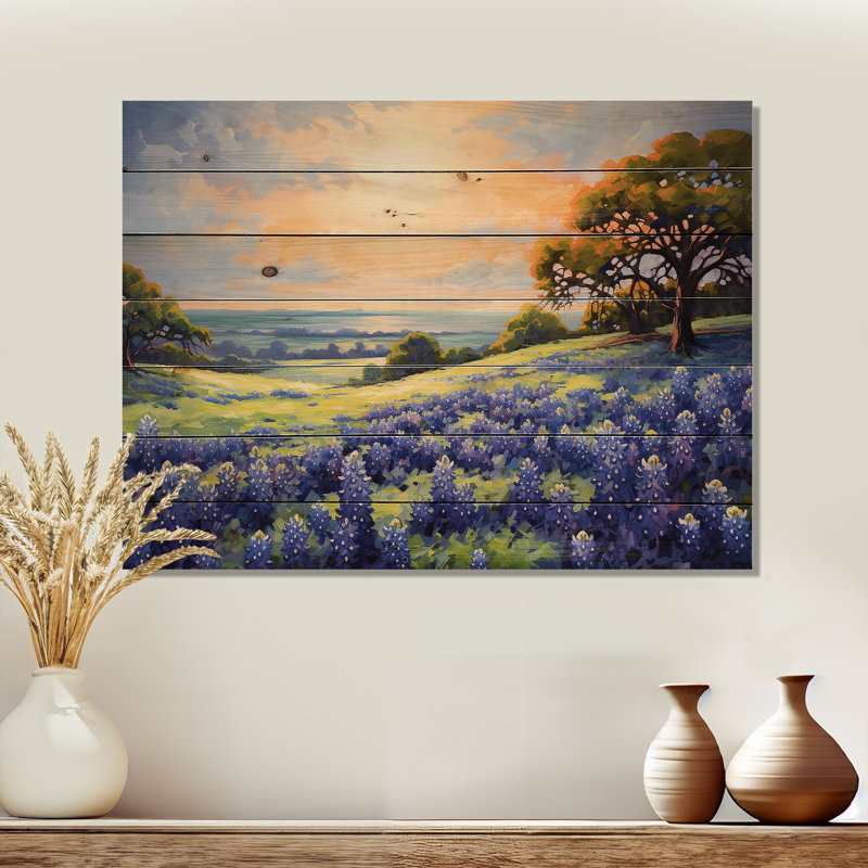 «Blue Bonnets Ballet Meadows I», art mural en bois bleu sur bois de pin naturel, H 10 po x l 20 po