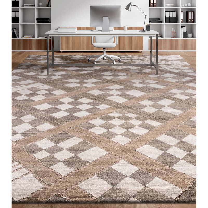 Hand Knotted Geometric Area Rug in Birch/Ivory, Rectangle 6' x 9'