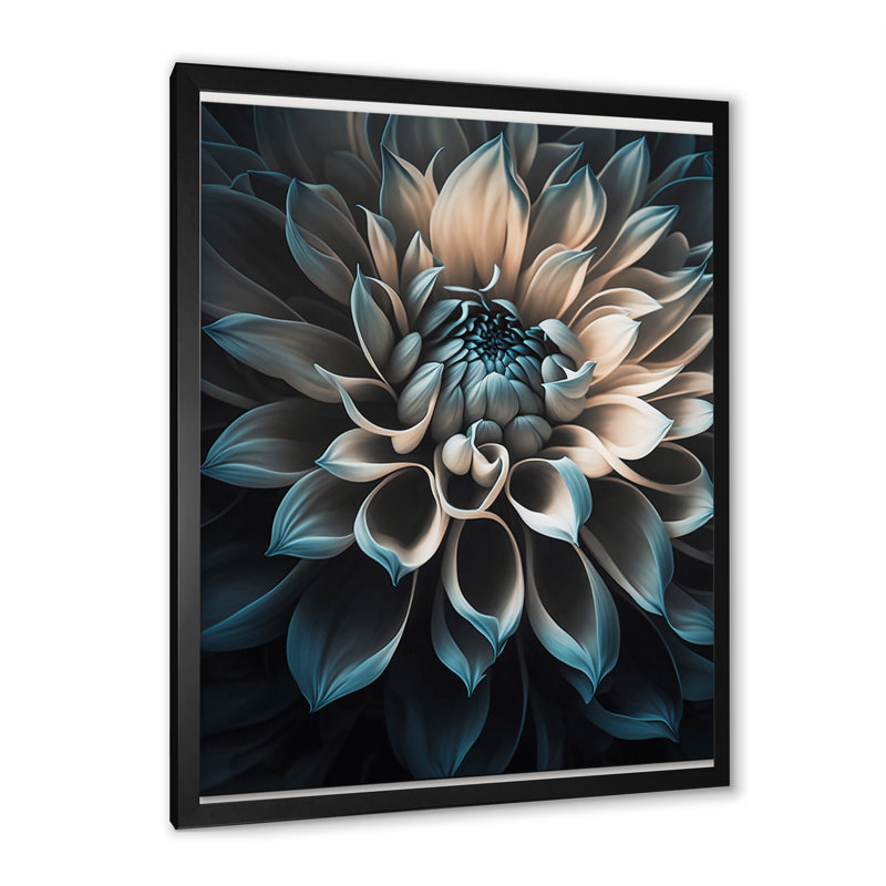 Bleu et blanc fleurs de dahlia III - art mural dahlia, H 20 po x l 12 po, Cadre photo noir