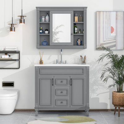 Ensemble de meuble-lavabo simple 35,1 po avec plateau en résine et miroir Deantwon