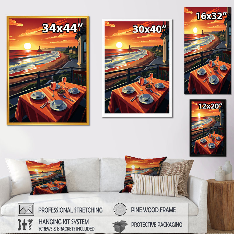 «Beachfront Dinner Sunset - Coastal Windows», art mural, Cadre doré simple, H 44 po x l 34 po x P 1,5 po