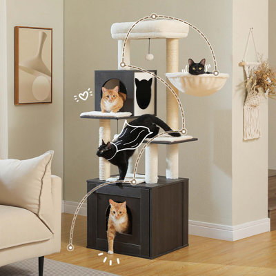 Arbre à chat de 57,5 po avec grand bac à litière, tour à chat en bois pour chats d'intérieur avec armoire de rangement, maisonnette confortable pour chat, poteau à griffes recouvert de sisal et boules suspendues remplaçables